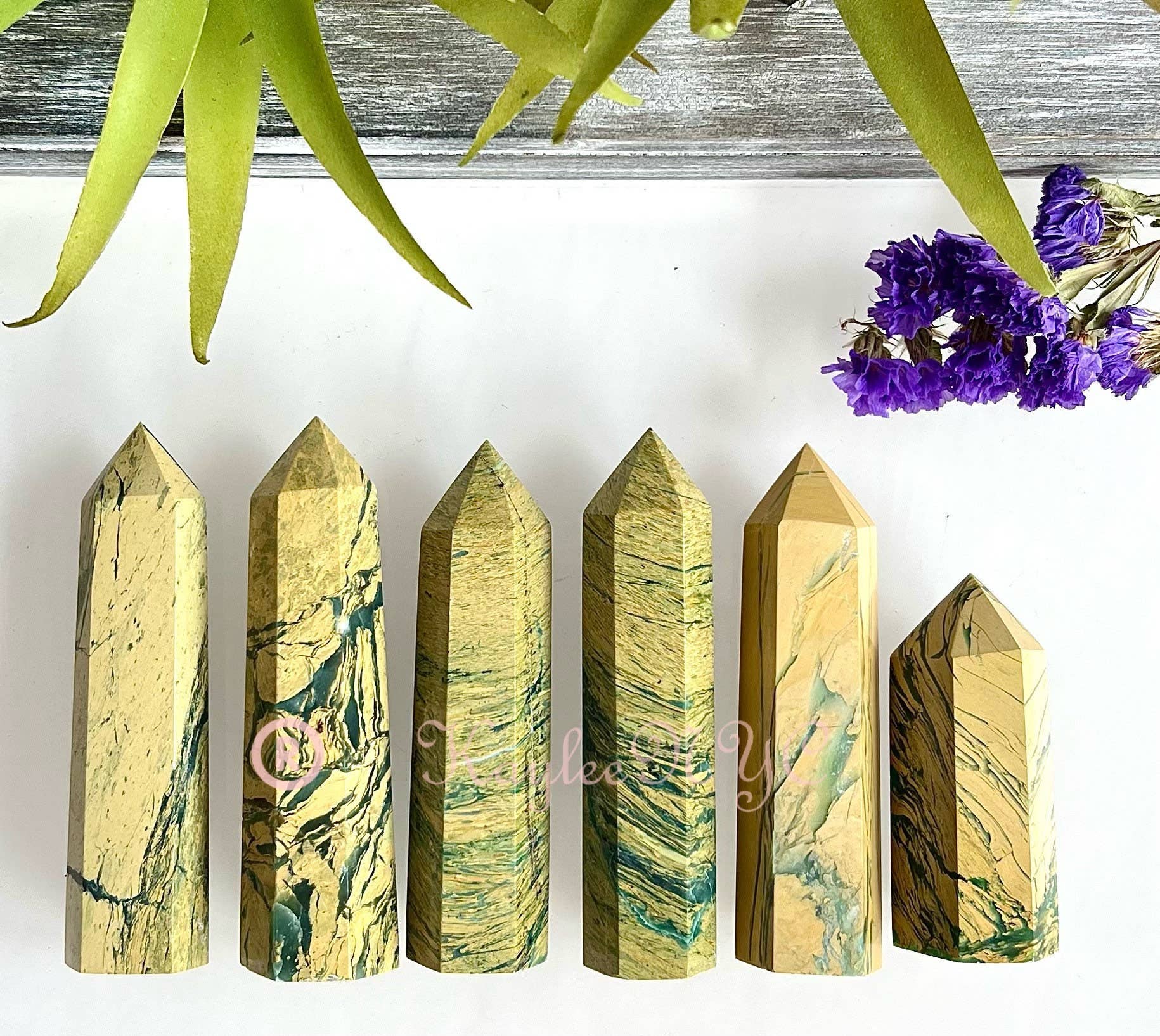 KayleeNYC - Wholesale Spiritual Stone/Crystal - 1 Lb Natural Yellow Unakite Jasper Chrysoprase Obelisk Tower1