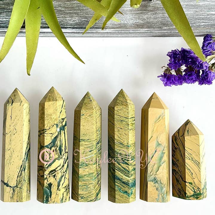 KayleeNYC - Wholesale Spiritual Stone/Crystal - 1 Lb Natural Yellow Unakite Jasper Chrysoprase Obelisk Tower1