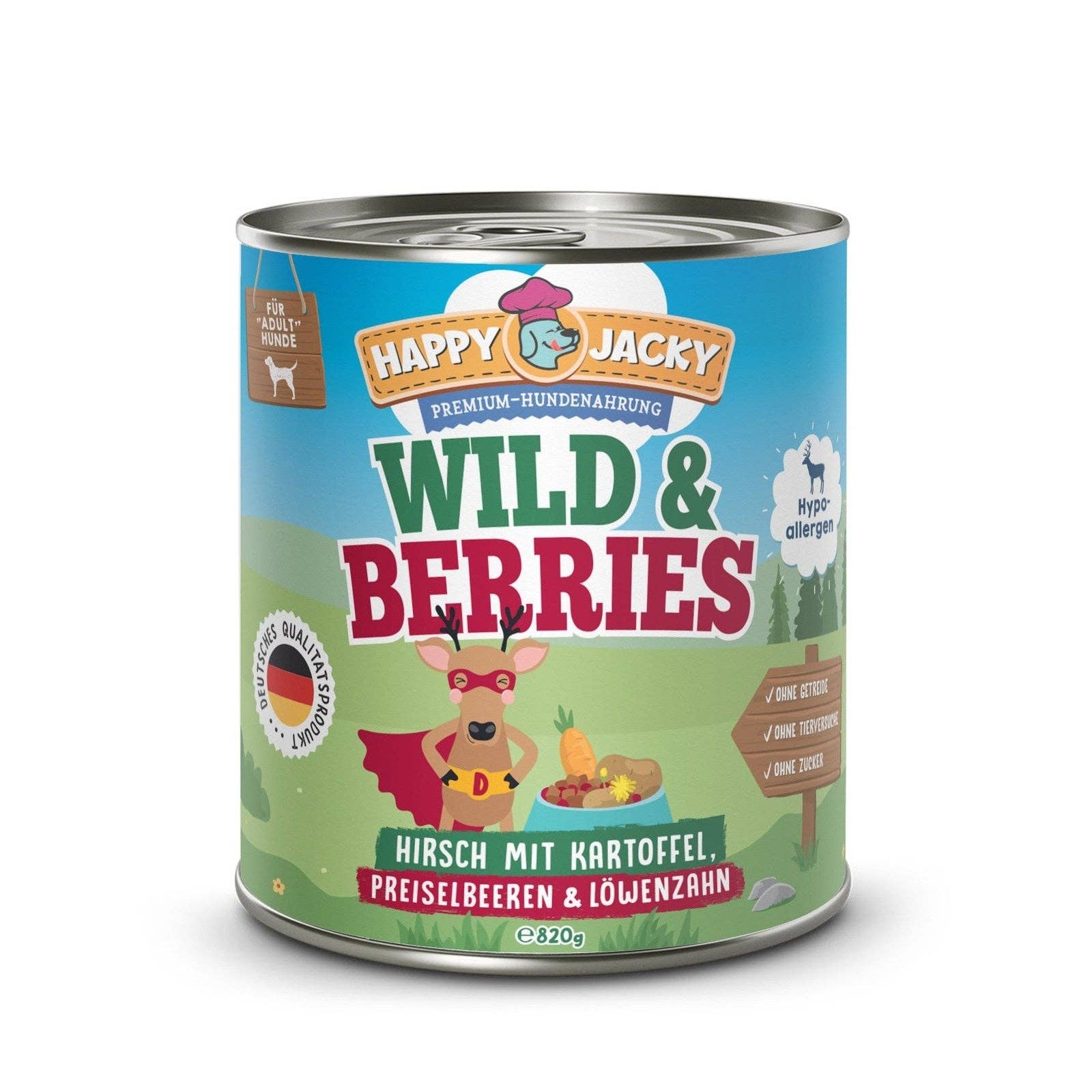 HAPPY JACKY - Wholesale Pet Food - Dog - HAPPY JACKY | extra sensitive high-premium wet food for dogs without grains | venison with potatoes, cranberries & dandelion | without preservatives, sugar-free1