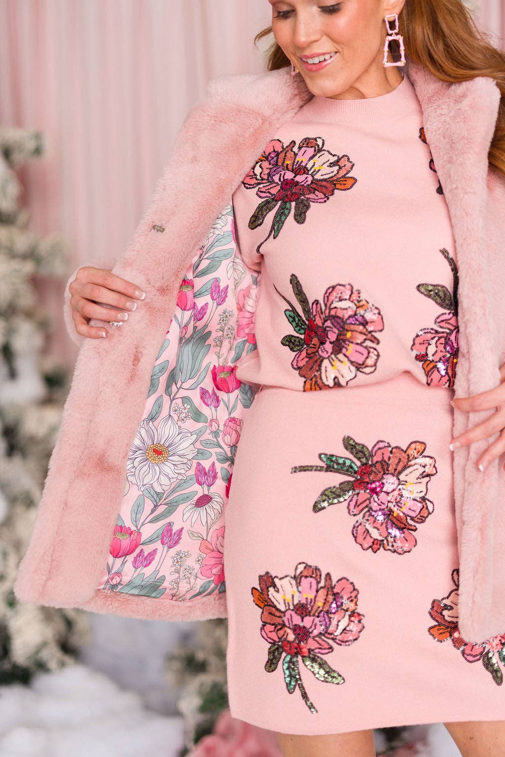 Brianna Cannon - Wholesale Fur/Faux Fur Coat - Women's - Dusty Pink Vegan Fur Coat with Floral Lining 10