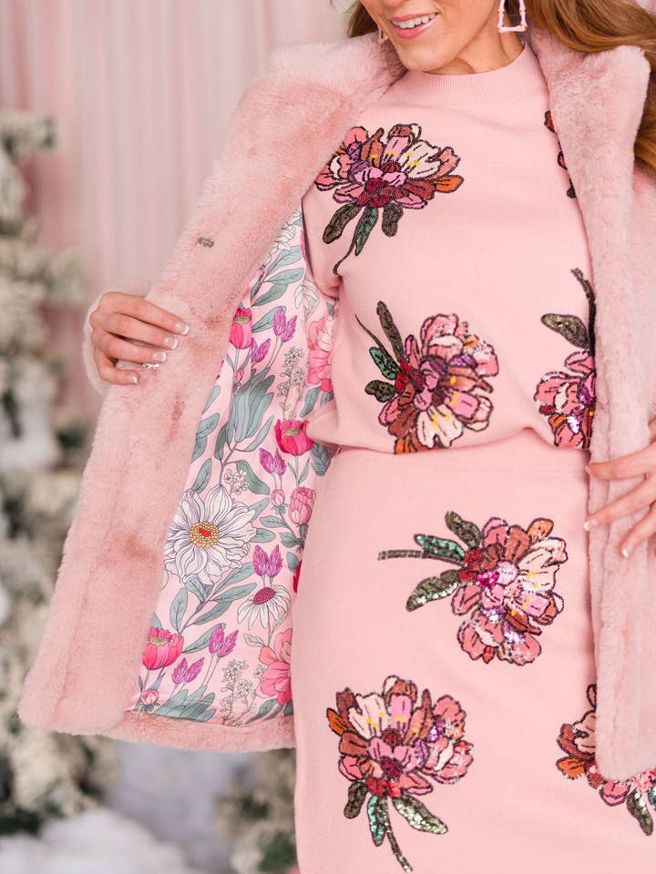 Brianna Cannon - Wholesale Fur/Faux Fur Coat - Women's - Dusty Pink Vegan Fur Coat with Floral Lining 10