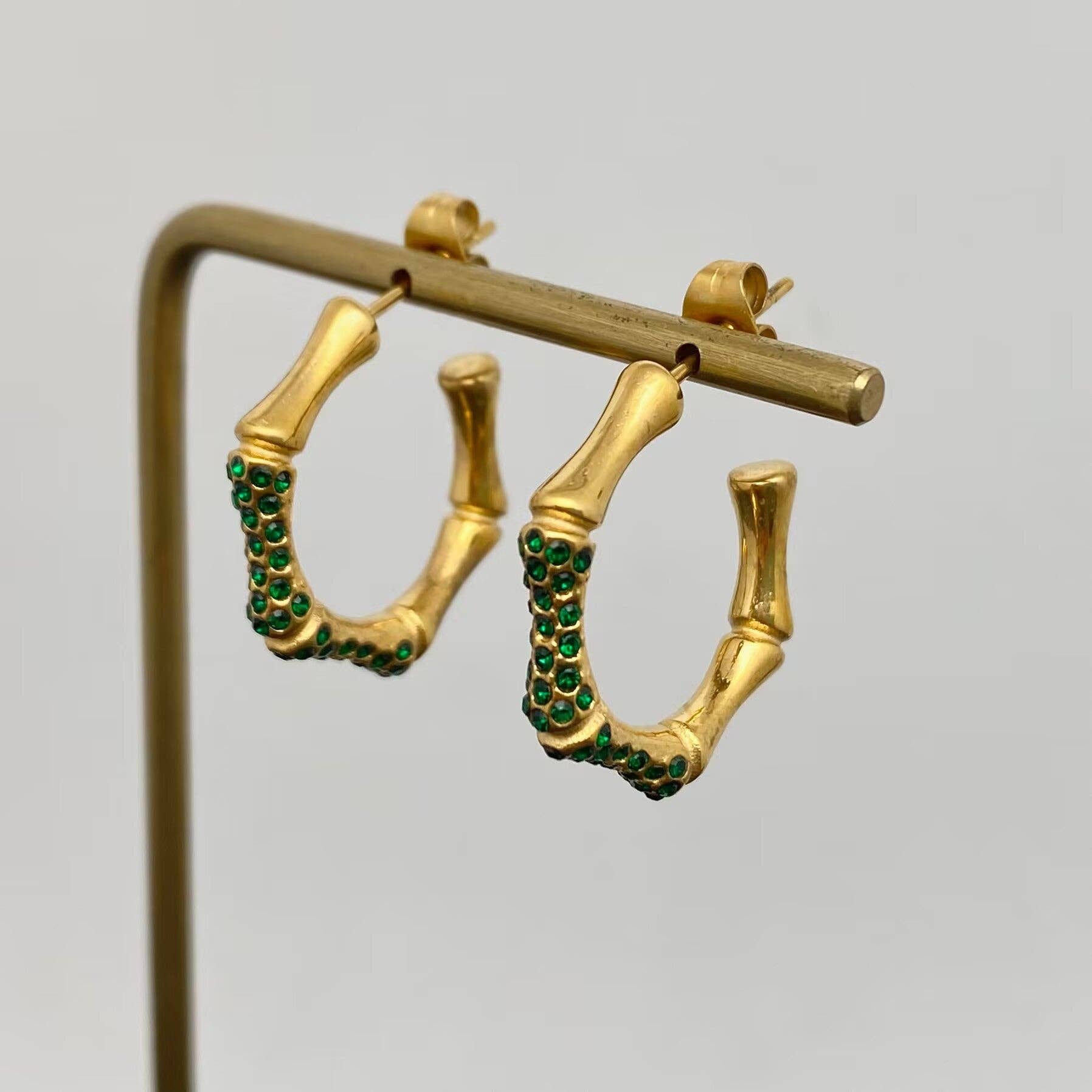 Mio Queena - Wholesale Hoop Earrings - Green CZ Bamboo 18K Golden S.Steel Hoop Earrings - FGS
