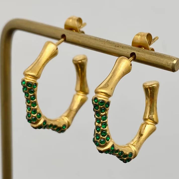 Mio Queena - Wholesale Hoop Earrings - Green CZ Bamboo 18K Golden S.Steel Hoop Earrings - FGS0