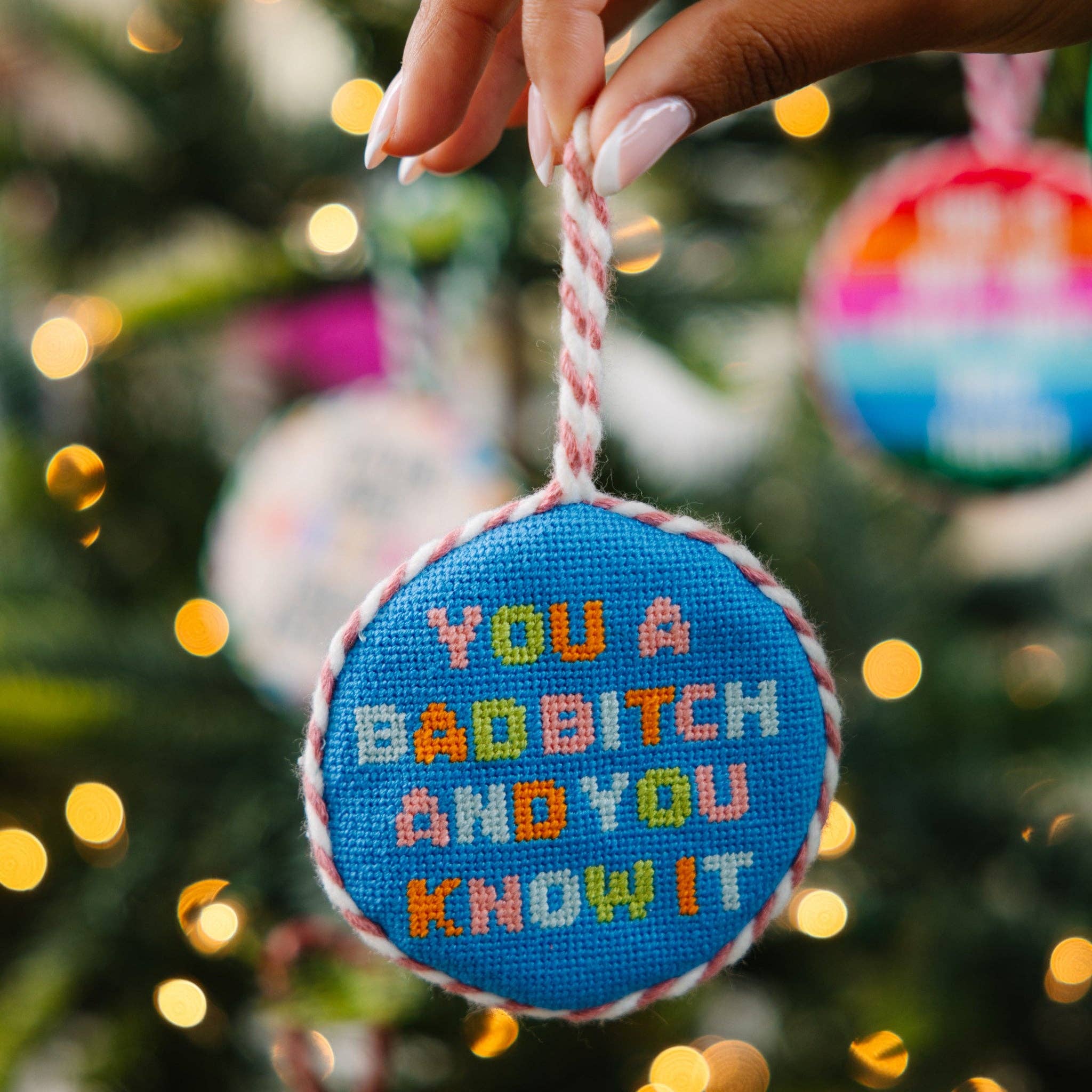 Furbish Studio – wholesale Ornament – Needlepoint Ornament - Bad Bitch1