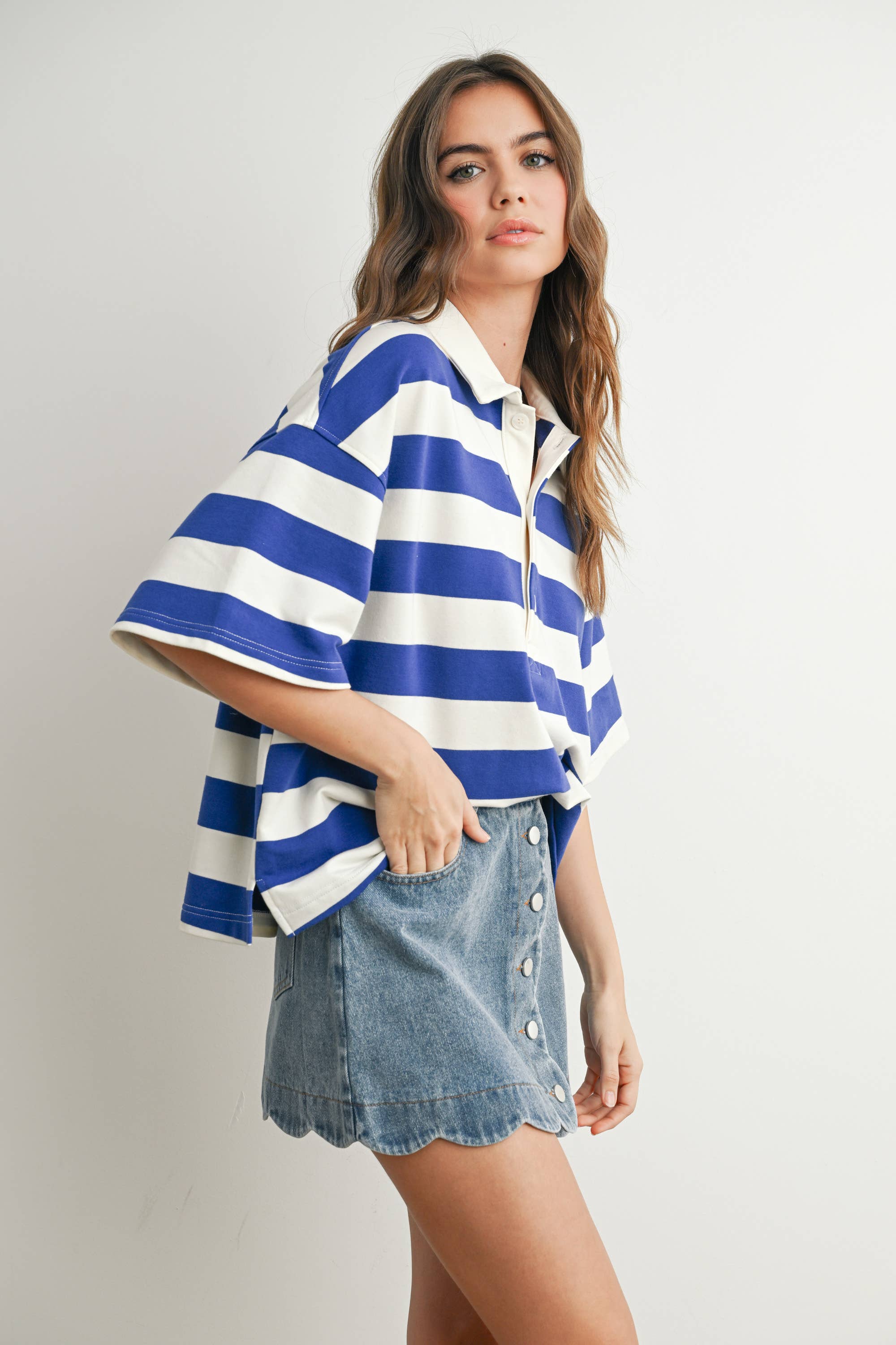BUTTERMELON - Wholesale Polo - Women's - Striped Oversized Polo Shirt - BMT771037