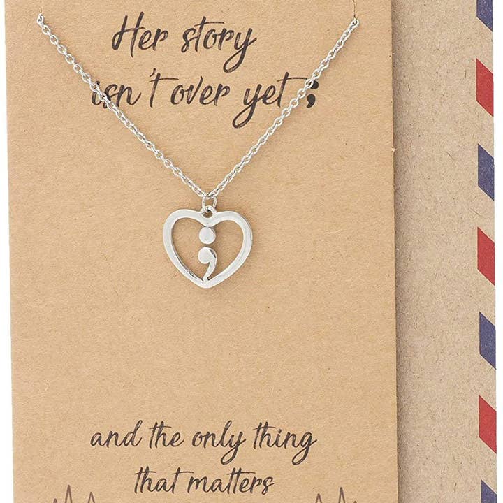 Quan Jewelry - Wholesale Pendant/Charm Necklace - Leim Continue Semicolon Heart Necklace, Mental Health Awareness, Encouragement Gifts for Women