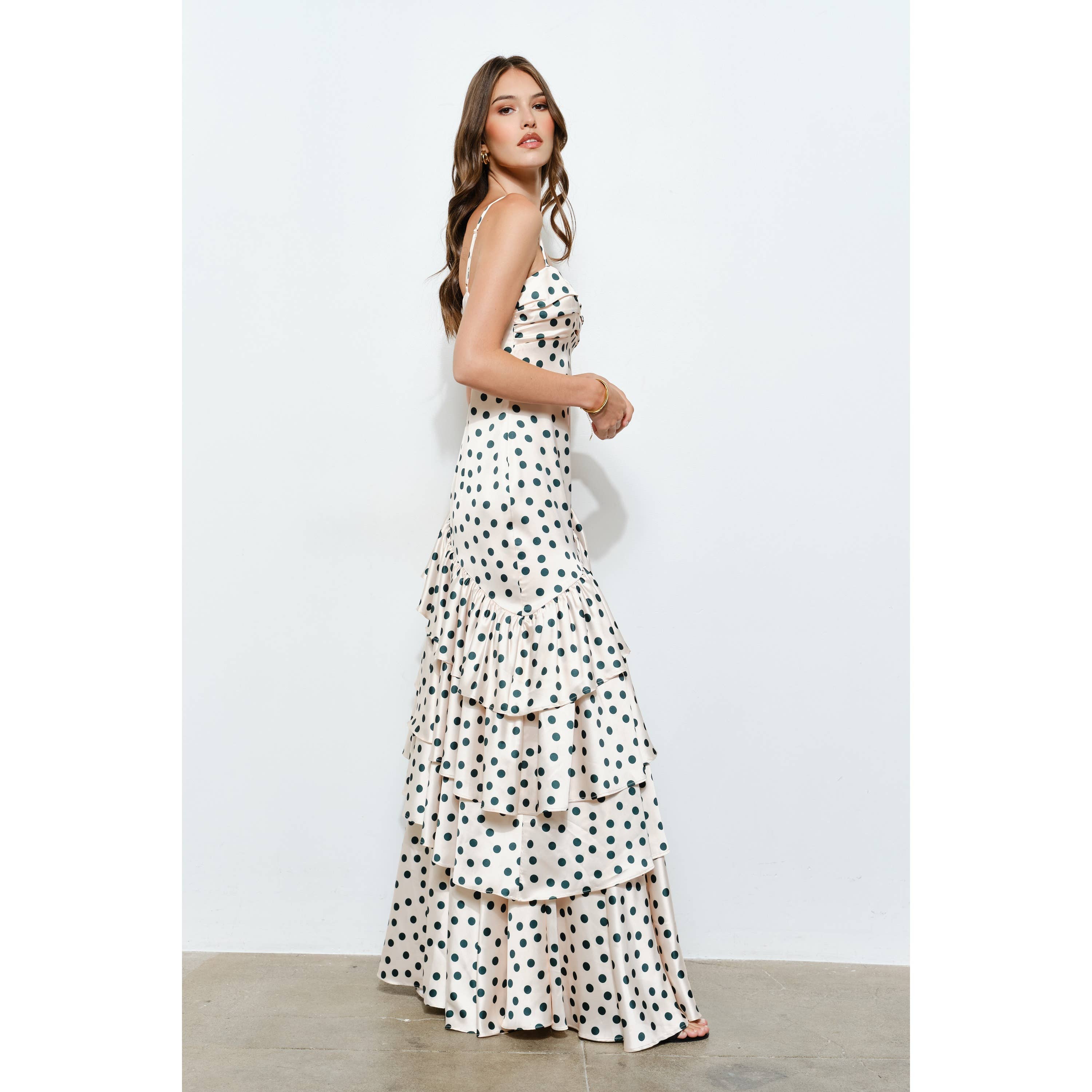 INA – wholesale Dress – Women's – Satin Polka Dot Tiered Ruffle Maxi Dress6