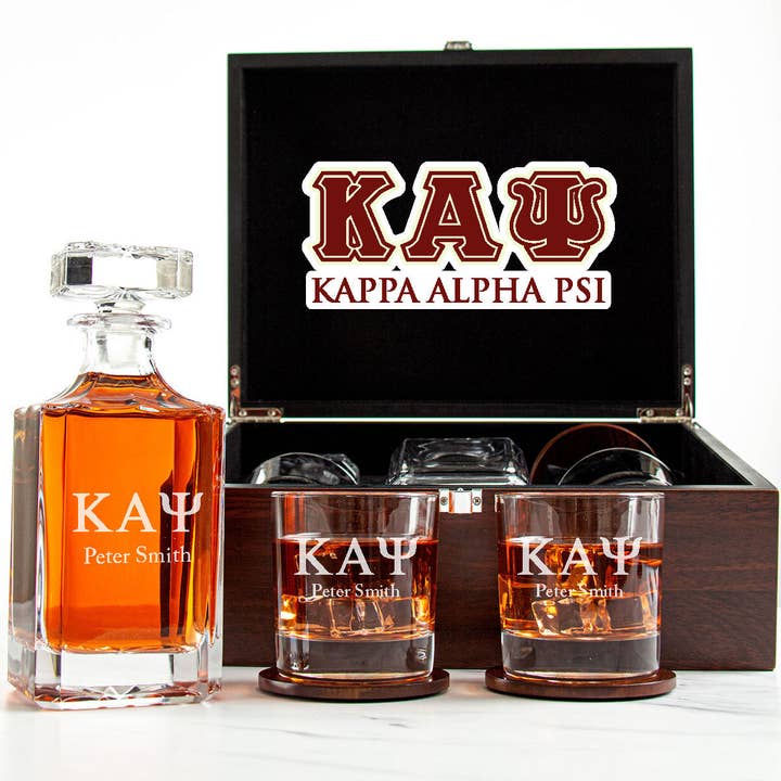 Kappa Alpha Psi Decanter Set With Dark Brown Wood Gift Box for wholesale by MB Brands Inc