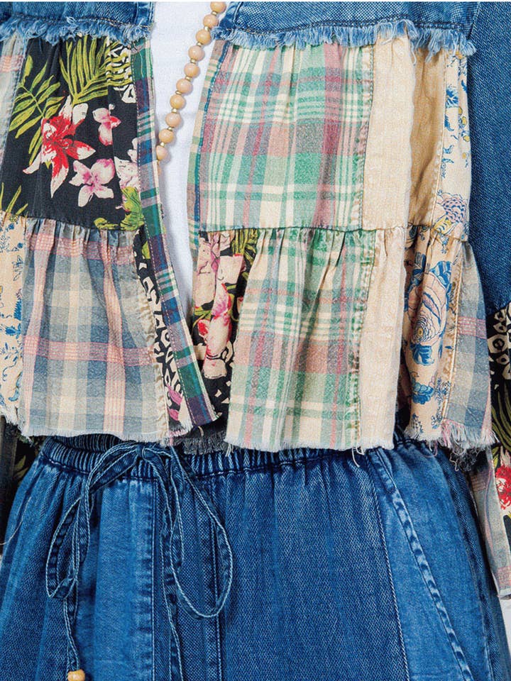 Young Threads - Wholesale Shirt Jacket/Shacket - Women's - Western Boho Chic: Tiered Patchwork Denim Cropped Shrug