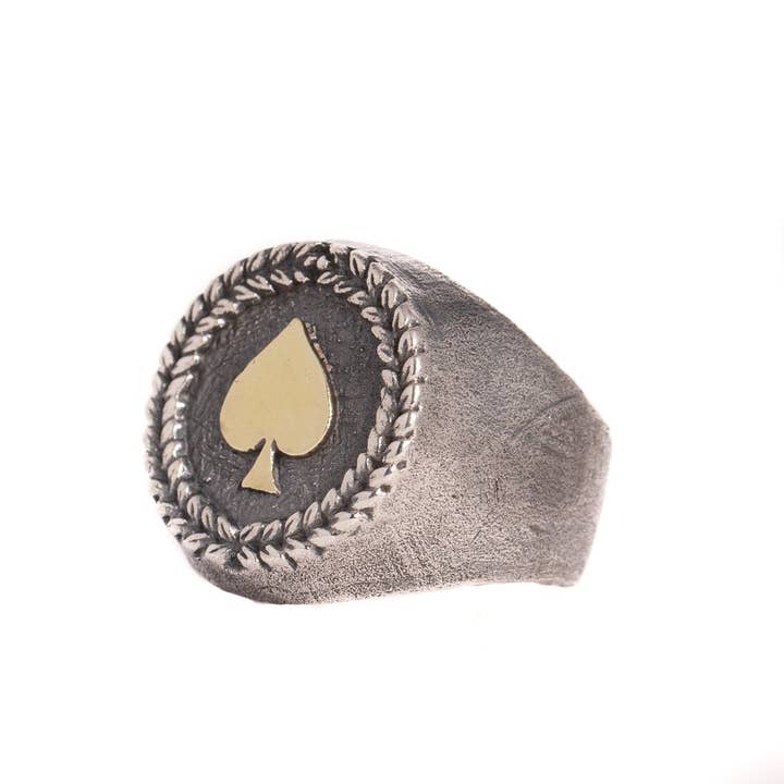 JewelryLab - Venta al por mayor Anillo de sello - Anillo de As de Picas - Plata de Ley 925 con Emblema de Latón