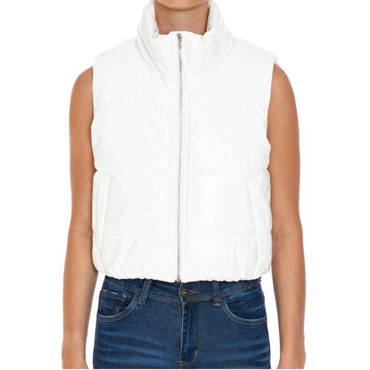 FAUX PATENT PU HIGH NECK ZIP UP PUFFER VEST for wholesale by Timeless