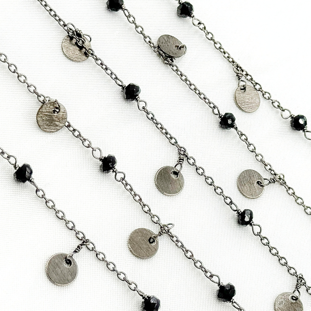 Jewels & Chains - Wholesale Link & Chain Necklace - Black Spinel & Dangle Disc Oxidized Wire Chain. BSP310