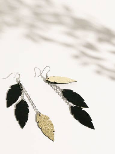 Feathers Petite Trio Gold-Black Dangle Earrings for wholesale by Viaminnet