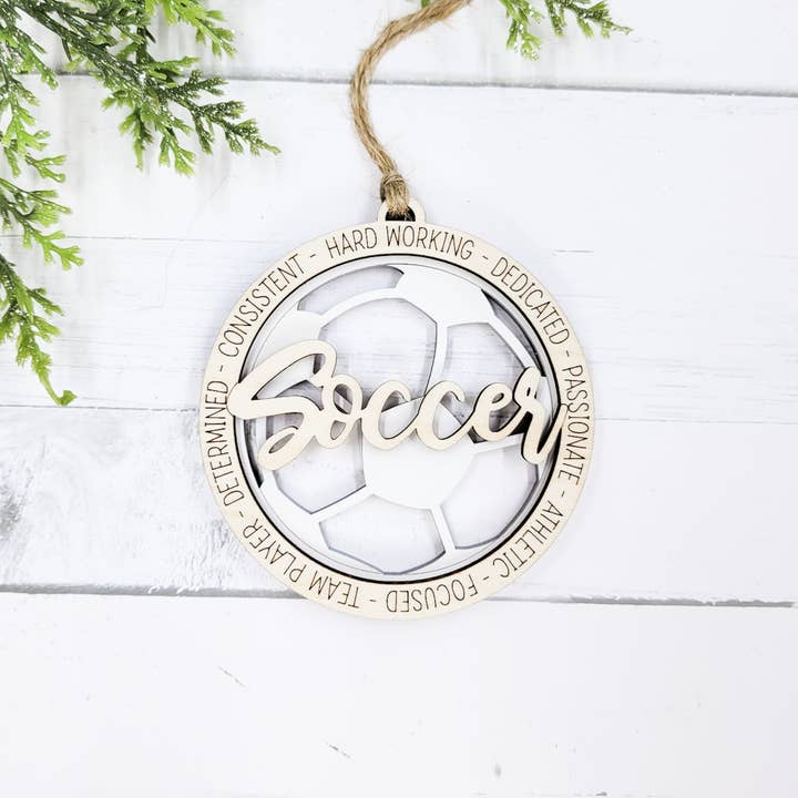 Soccer Attributes Wooden Ornament for wholesale by The Purple Chickadee