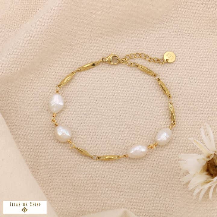 Stainless steel bracelet freshwater pearl 0225079 for wholesale by Lilas de Seine