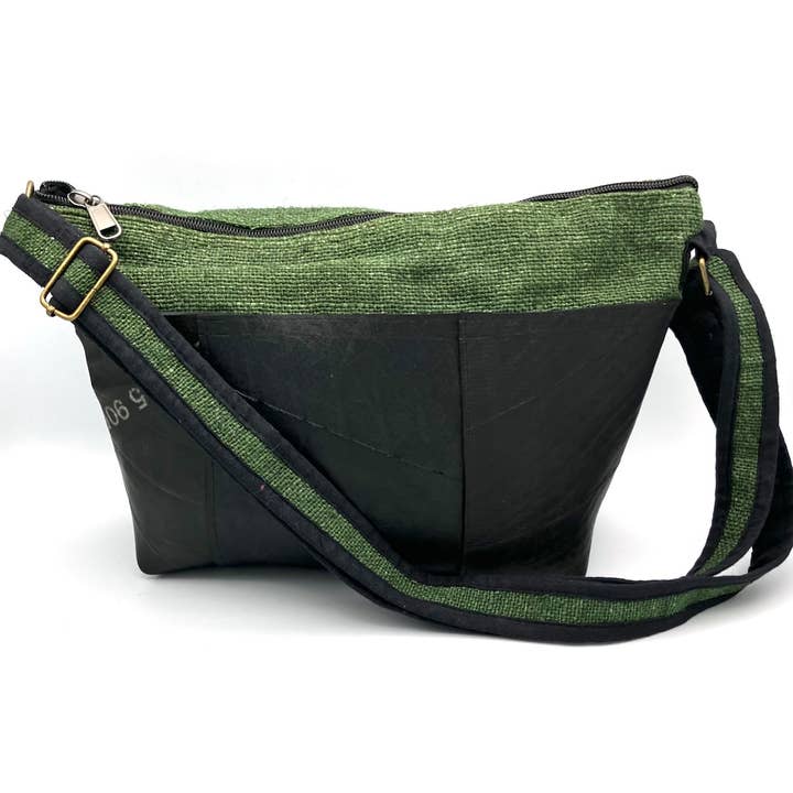 Vegan Recycled Inner Tube and Hemp Sling Bag for wholesale by Women of the Cloud Forest
