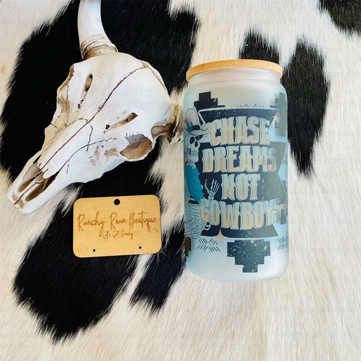 Chase Dreams Not Cowboys Western Frosted Glass Tumbler for wholesale by Ranchy Roan Boutique