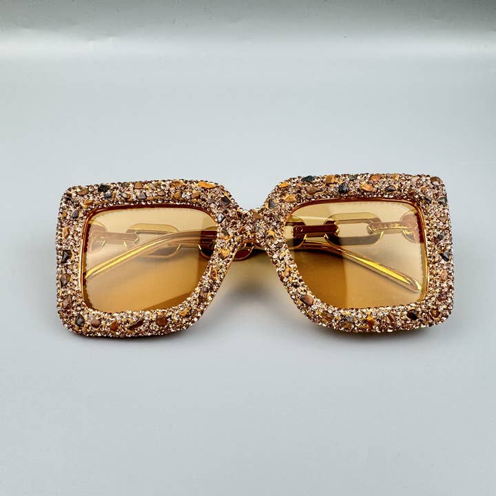 Gold Handmade Rhinestone Stone Square Sunglasses G0532 for wholesale on Faire4