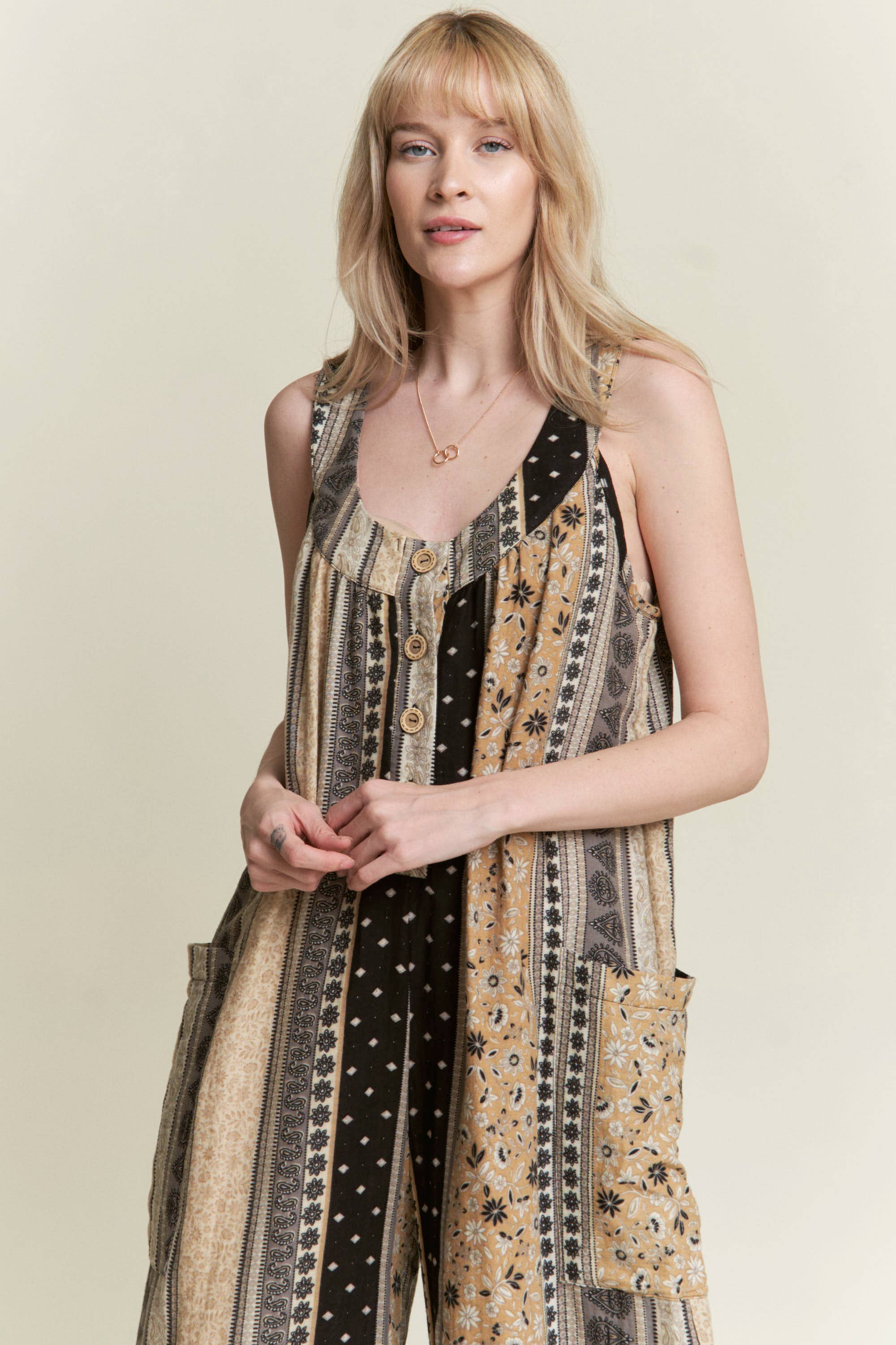 JADE BY JANE – Engroshandel Jumpsuit - Dame – ÆRMELØS FARVEBLOK BLOMSTERPRINT JUMPSUIT MED LIGE BEN3