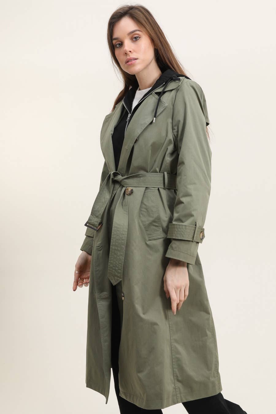 Attrait Paris - Wholesale Trench Coat - Women's - Long trench coat with hoodie yoke7