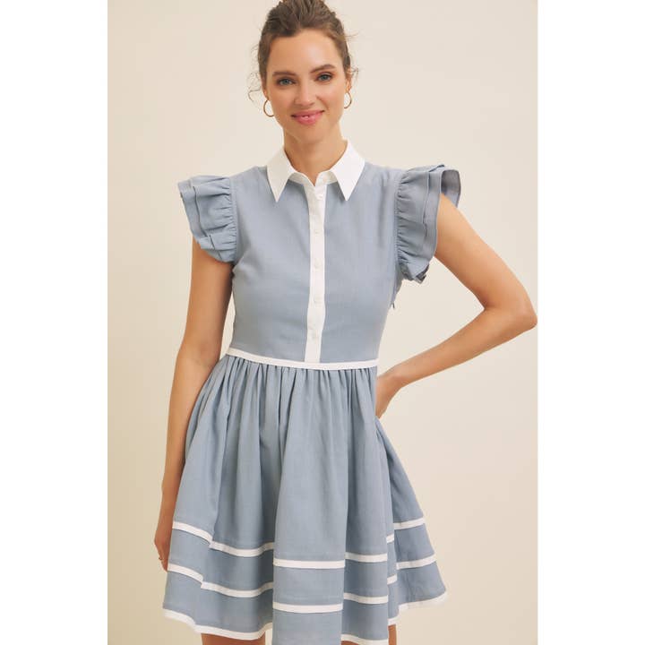 in february - Wholesale Dress - Women's - LINEN BUTTON-DOWN MINI DRESS WITH CONTRAST BINDING9