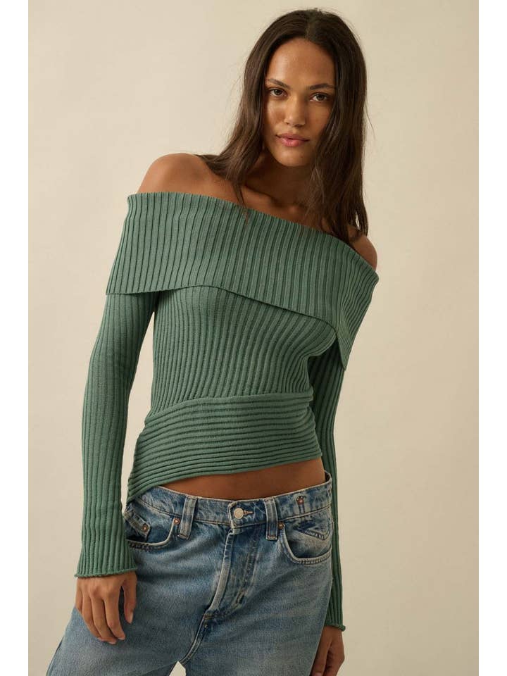 Promesa USA - Wholesale Knit Sweater - Women's - Sheer Rib-Knit Off-Shoulder Foldover Sweater2