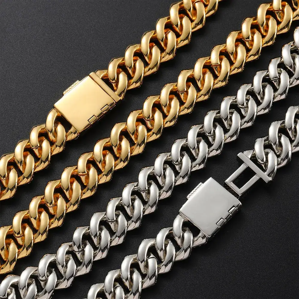GB Jewelry – wholesale Link & chain necklace – Premium 15mm 18k Gold Diamond Prong Cuban Link Chain9