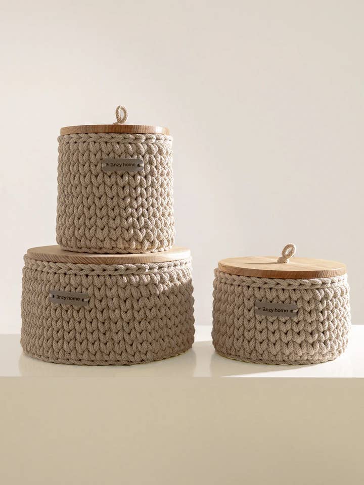 Knitted Storage Basket Round With Wooden Lid Recycled for wholesale by ANZY HOME