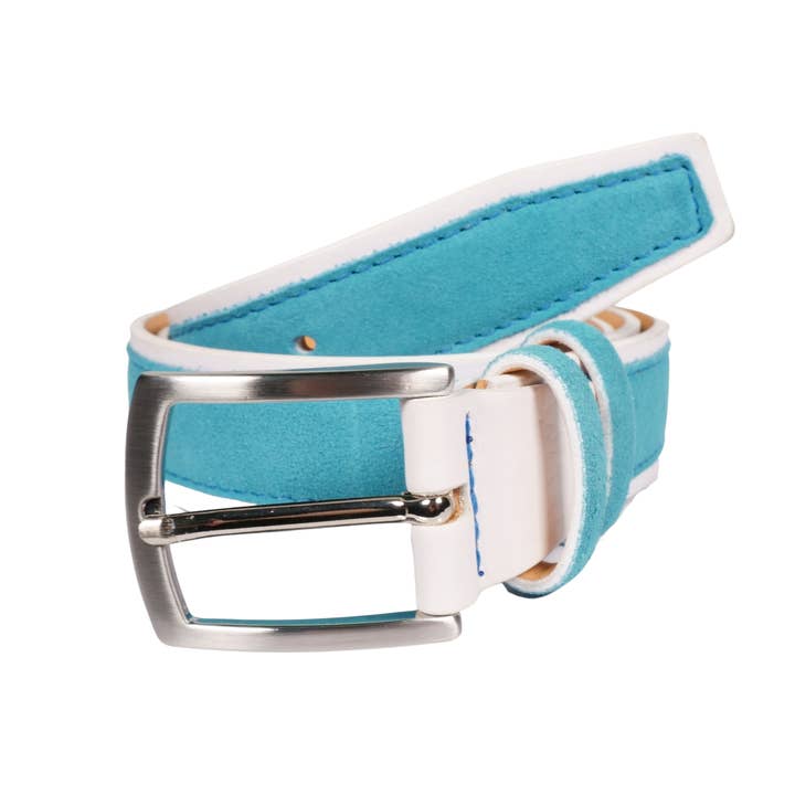 Cinturón de hombre de piel blanca y gamuza azul claro para venta al por mayor de Tailorbelt