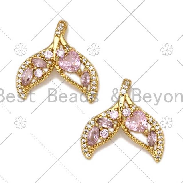 Pink CZ Micro Pave Shark Tail Shape Pendant,18K Gold Filled Shark Tail Charm, Necklace Bracelet Charm Pendant, 19x19mm, Sku#LK471 for wholesale by BestBeads&Beyond