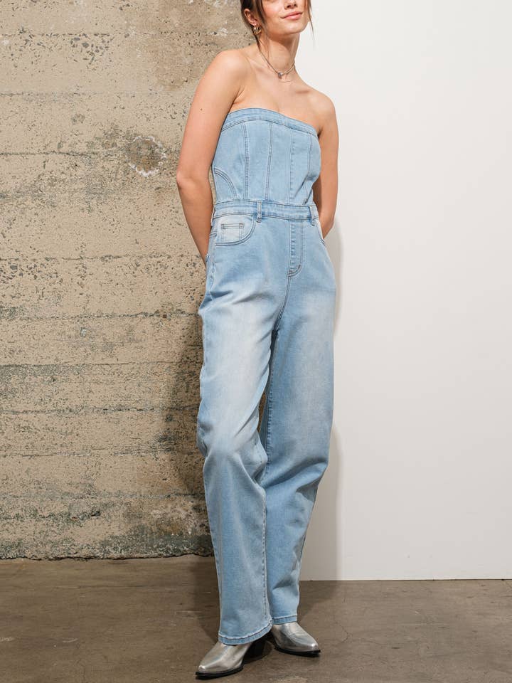 80521R - Stretch Denim Tube Jumpsuit for wholesale by Blue B