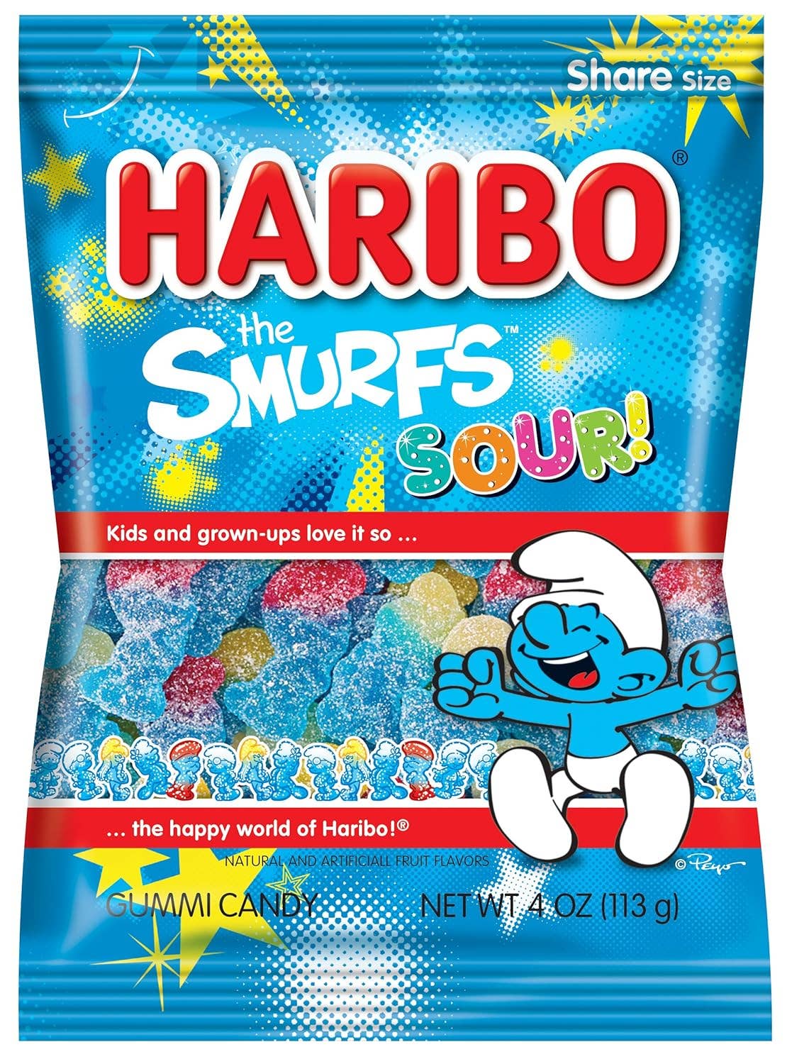 Snacky Candy - Venta al por mayor Gominolas - Haribo Tamaño para Compartir Pitufos Ácidos 4 oz 12 paquetes0