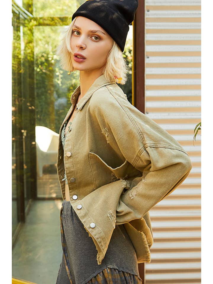 Pol Clothing - Wholesale Shirt Jacket/Shacket - Women's - Front pocket distressed button down twill shacket shirt SALE7