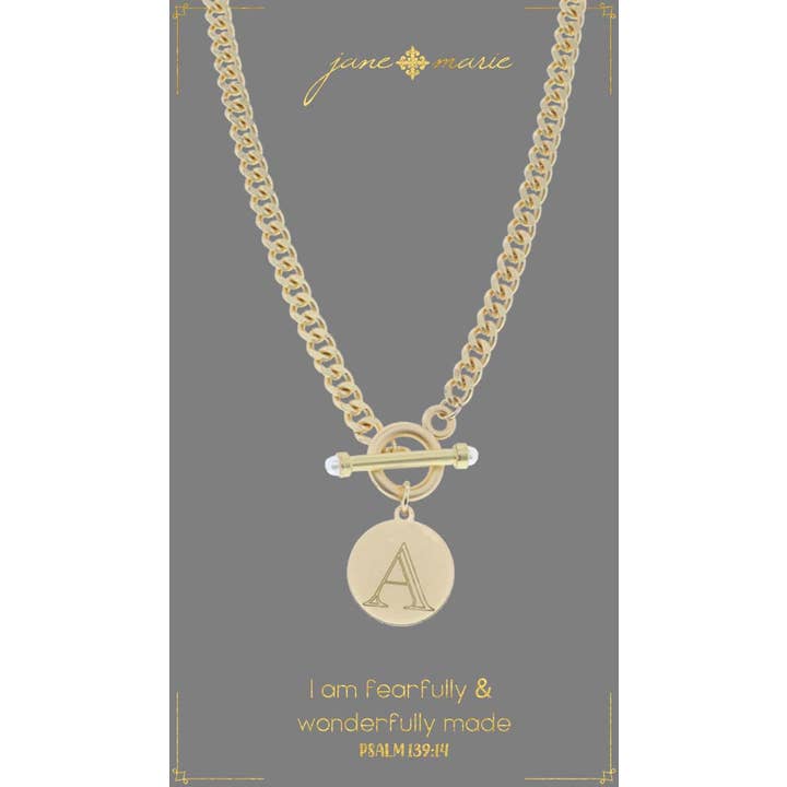 18" Engraved Initial "A" with Pearl Toggle Necklace for wholesale by Jane Marie