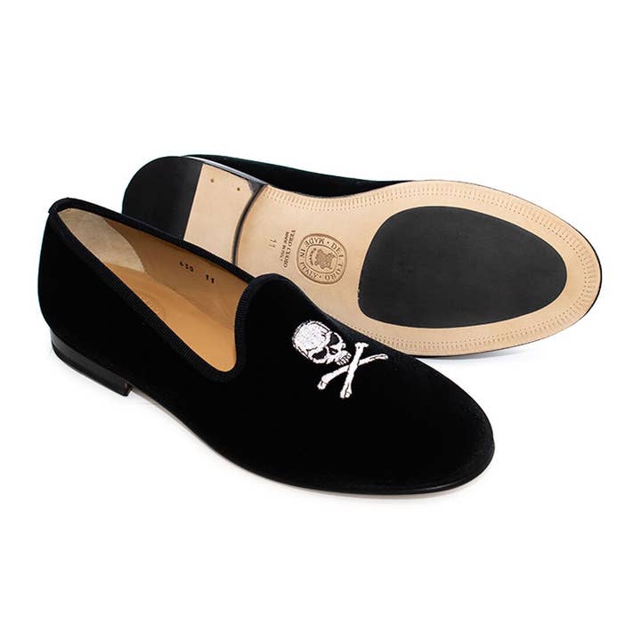 Men's Black Velvet Slipper II with Skull & Bone for wholesale by Del Toro Shoes