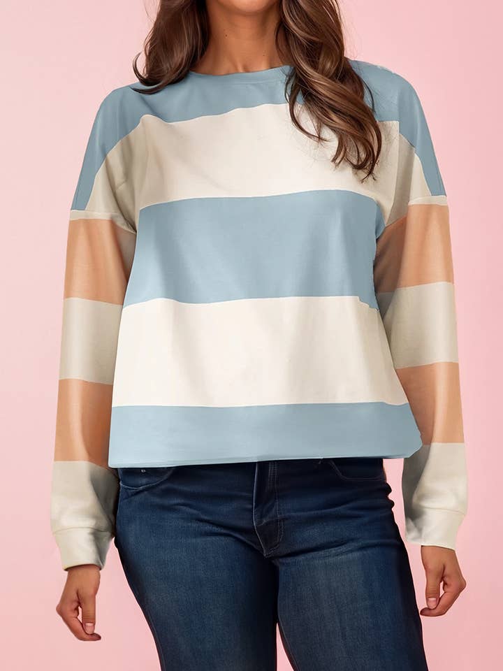 Striped Colorblock Drop Shoulder Long Sleeve Top (S-XL) for wholesale by 66DISCO