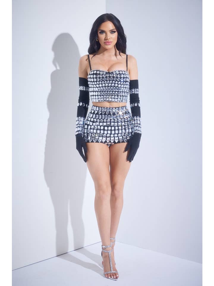 WFFS - Wholesale Top & Short Set (NOT Loungewear) - Women's - Set Crop Top Geometric appliques and Rhinestones2