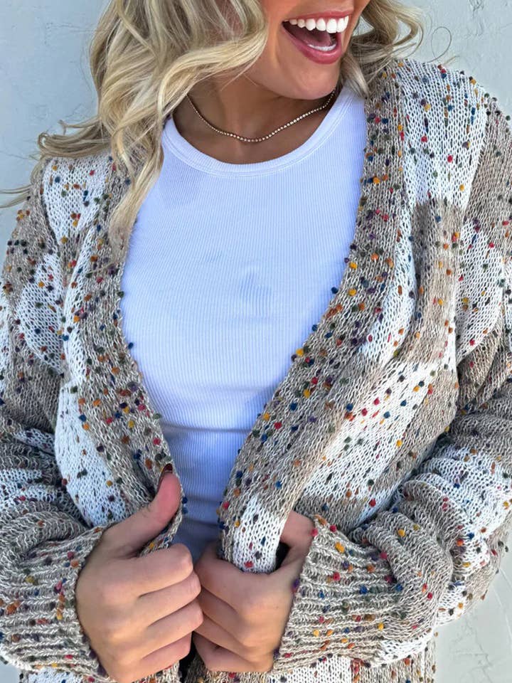 Brown Confetti Dot Checkered Print Open Cardigan with Pockets for wholesale by Lovesoft