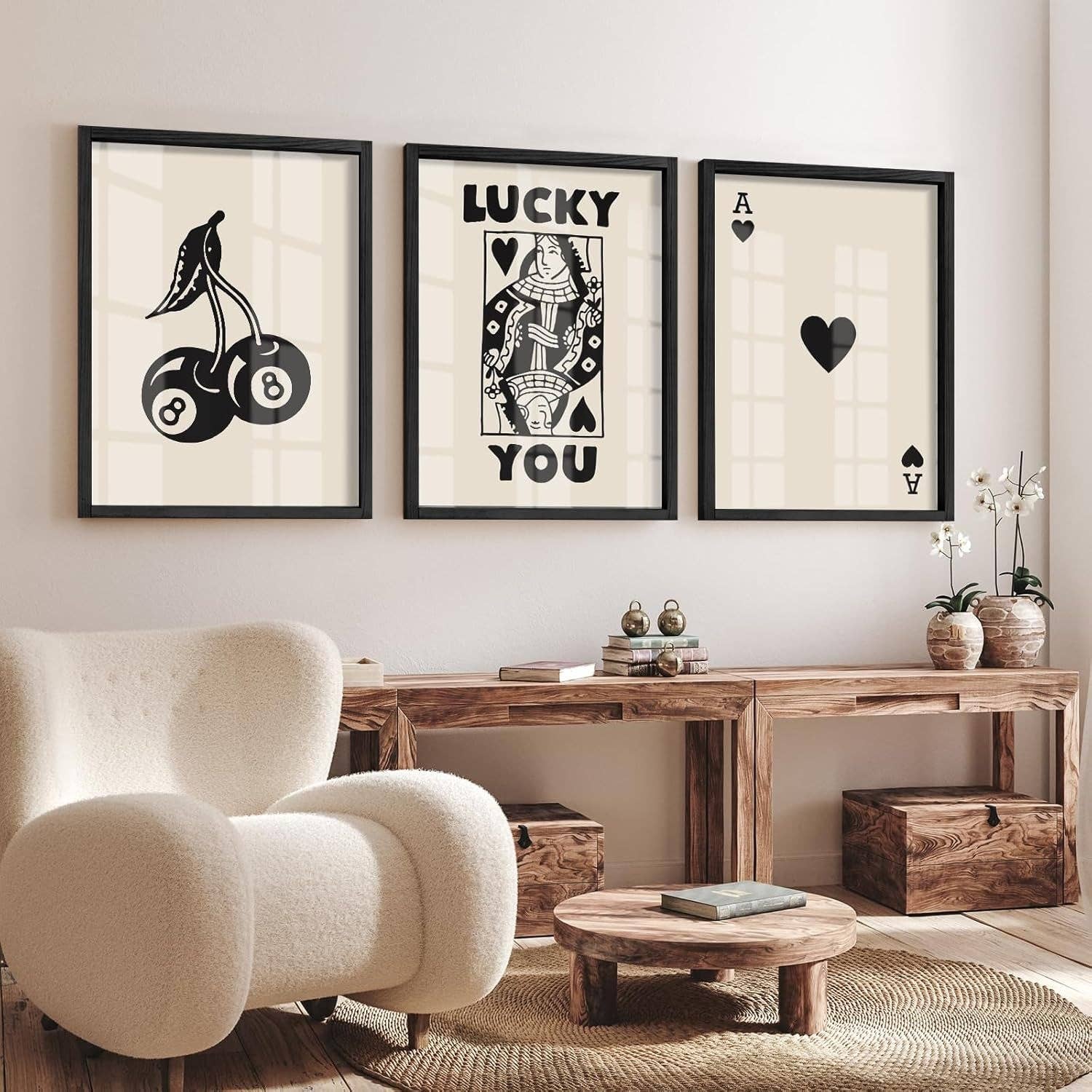 Black Poker Wall Art Set Queen Of Hearts Framed Retro Prints for wholesale on Faire1