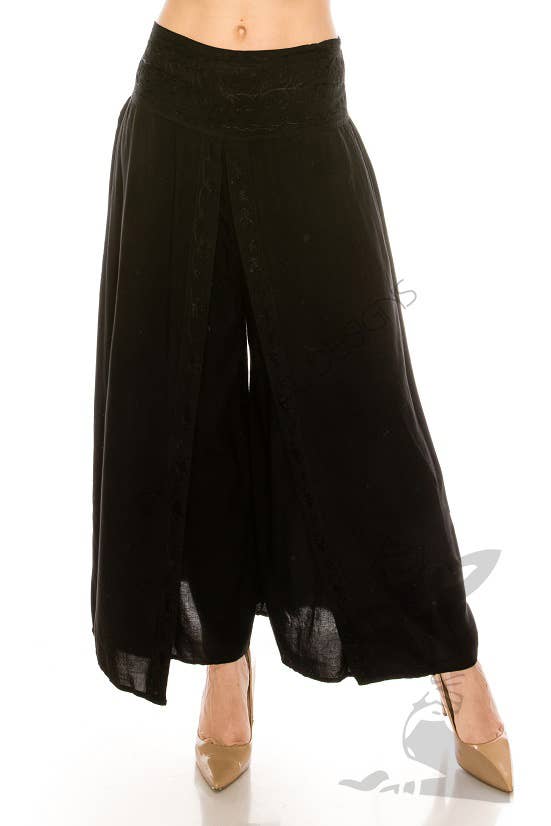JUST CRUISING - India Casual Designs - Wholesale Pants - Women's - Wide-Leg Wrap Pants with Embroidered Waistband0