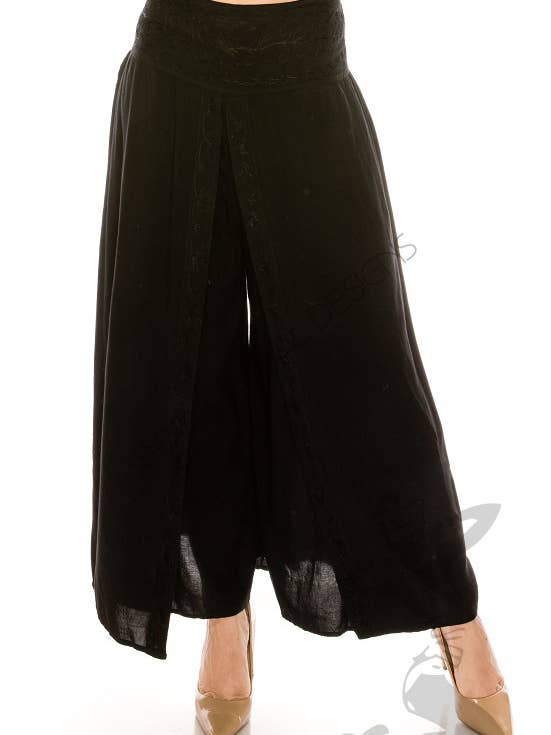 JUST CRUISING - India Casual Designs - Wholesale Pants - Women's - Wide-Leg Wrap Pants with Embroidered Waistband