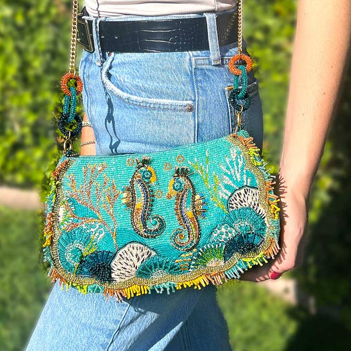 Mary Frances Accessories - Wholesale Crossbody Bag - Women's - Reef Rider Beaded Seahorse and Ocean Crossbody Handbag