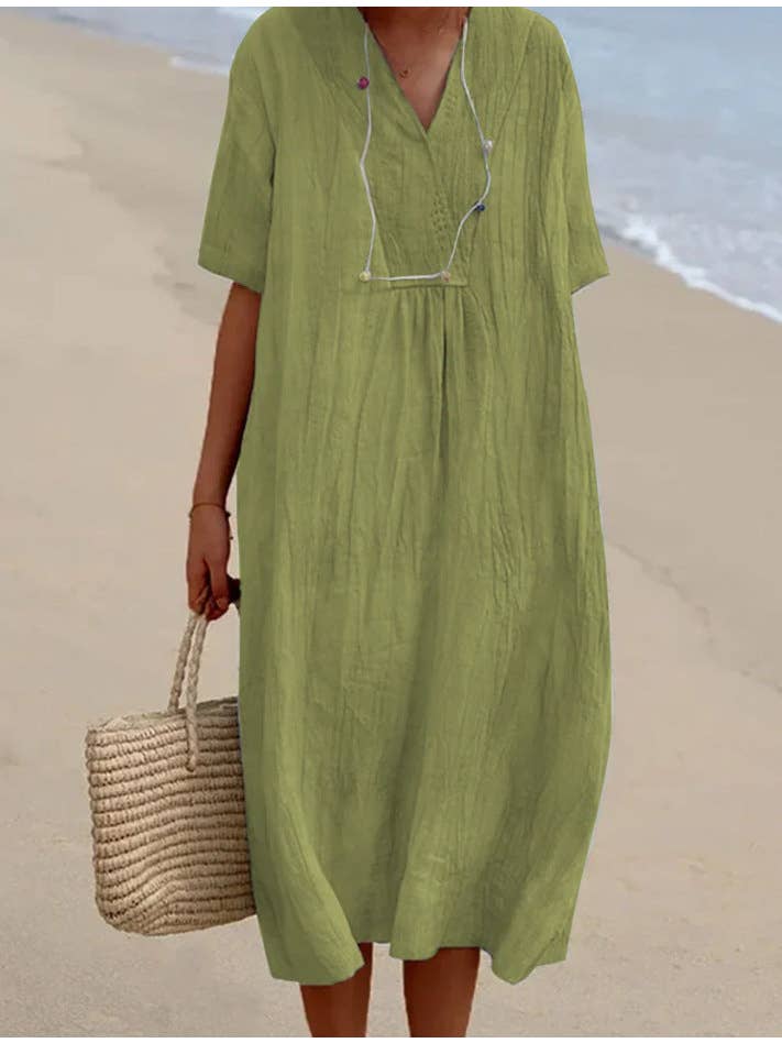 pinkblu02 – Engroshandel Kjole - Dame – Kvinder Casual Ensfarvet V-hals Bomuld Linned Kjole1