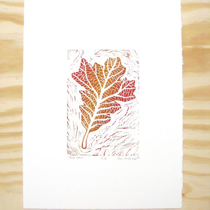 Bur Oak leaf - woodblock print (9x12”) for wholesale by Lemuette