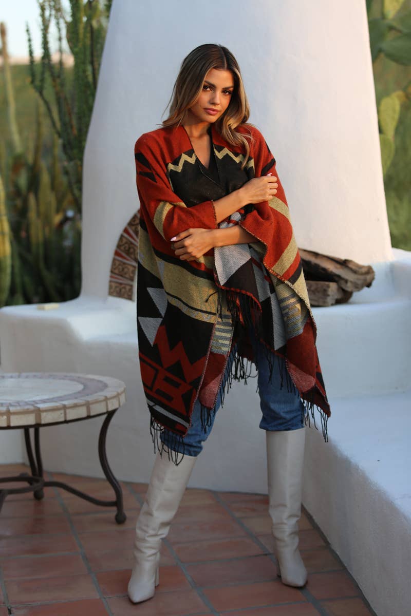ANGIE – wholesale Poncho – Women's – SJB66-ASIS GEO SW DESIGN PONCHO WRAP WITH FRINGE HEM4