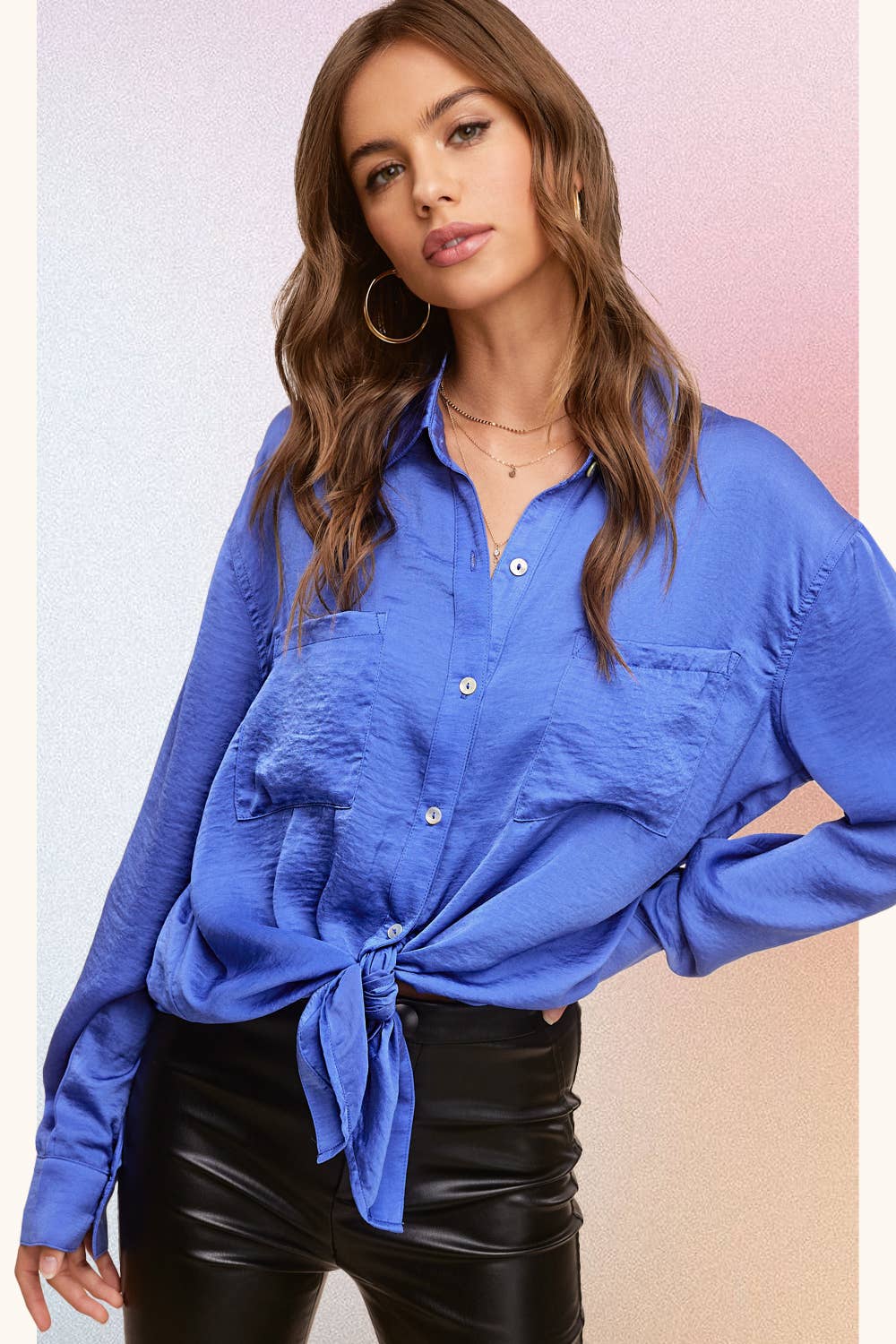 La Miel - Wholesale Button Down Shirt - Women's - SRT7452-Silky and Flowy Button Down Long Sleeve Shirts15