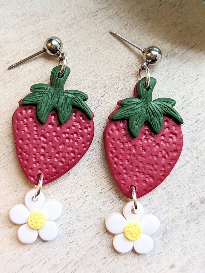 Strawberry Clay Earrings, Fruit Earrings, Handmade Clay Earr for wholesale by Nettie's Clayhouse