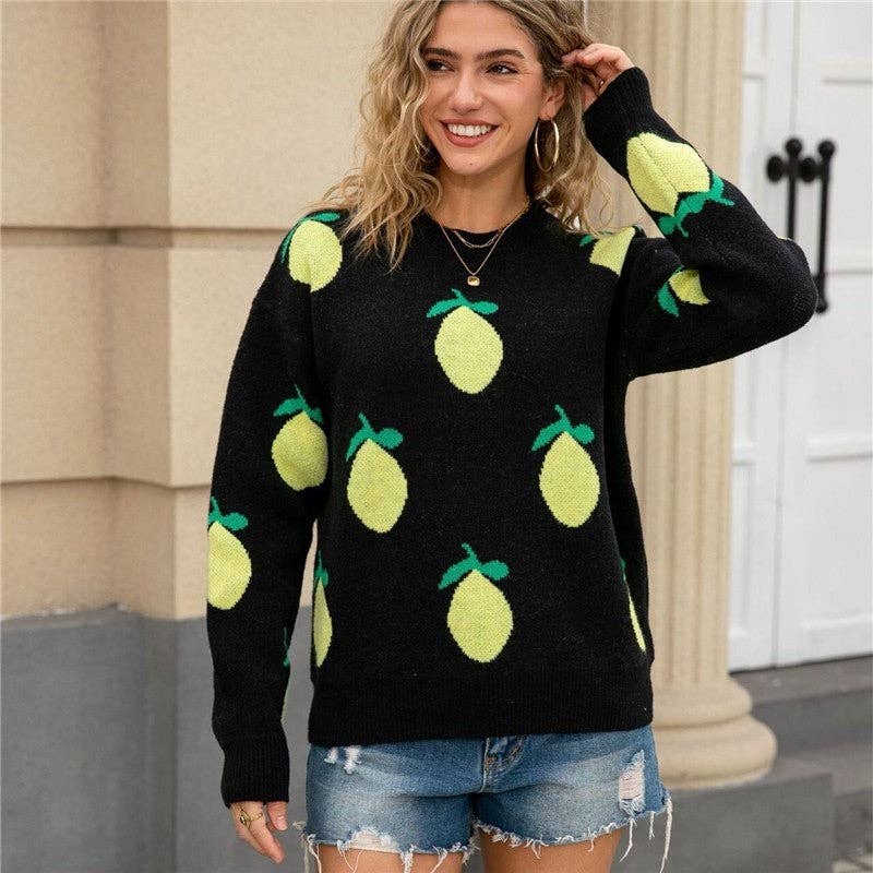 kycozy - Vendita all'ingrosso Maglione tricot - Donna - Maglione Jacquard Limone Vestibilità Ampia Girocollo3