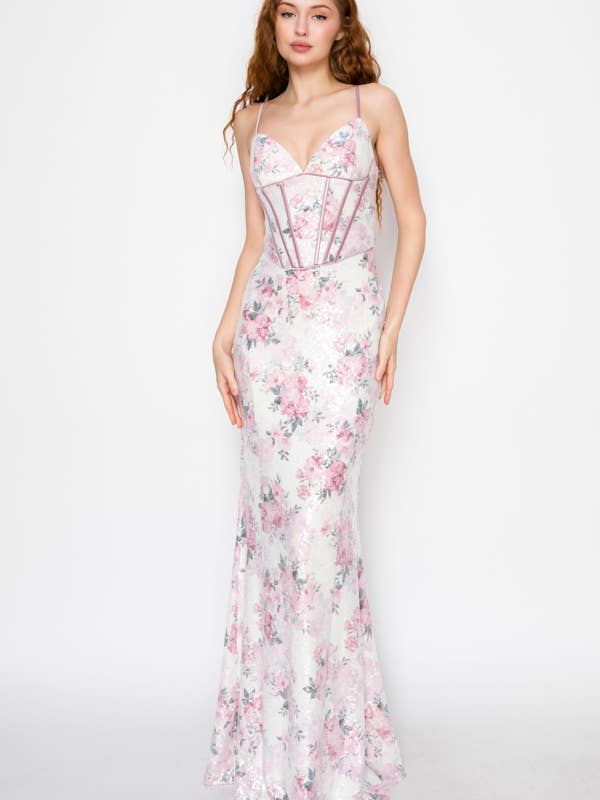 CD30898: BLOMMIG PALJETTKORSETT SJÖJUNGFRU MAXIKLÄNNING för wholesale av Lovesome