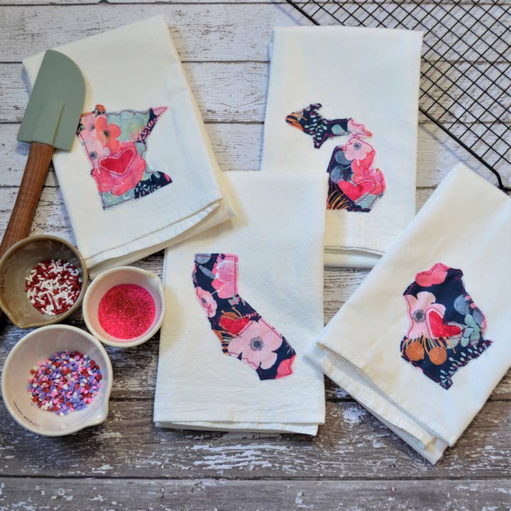 Pink & Blue Floral Heart State Tea Towel Embroidery for wholesale by SewMuchMoreStore